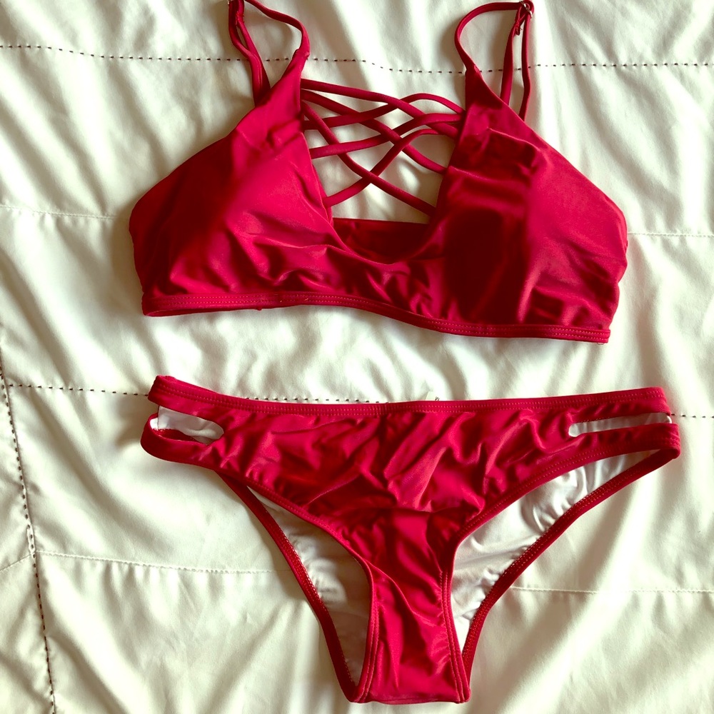 Wine red caged top bikini